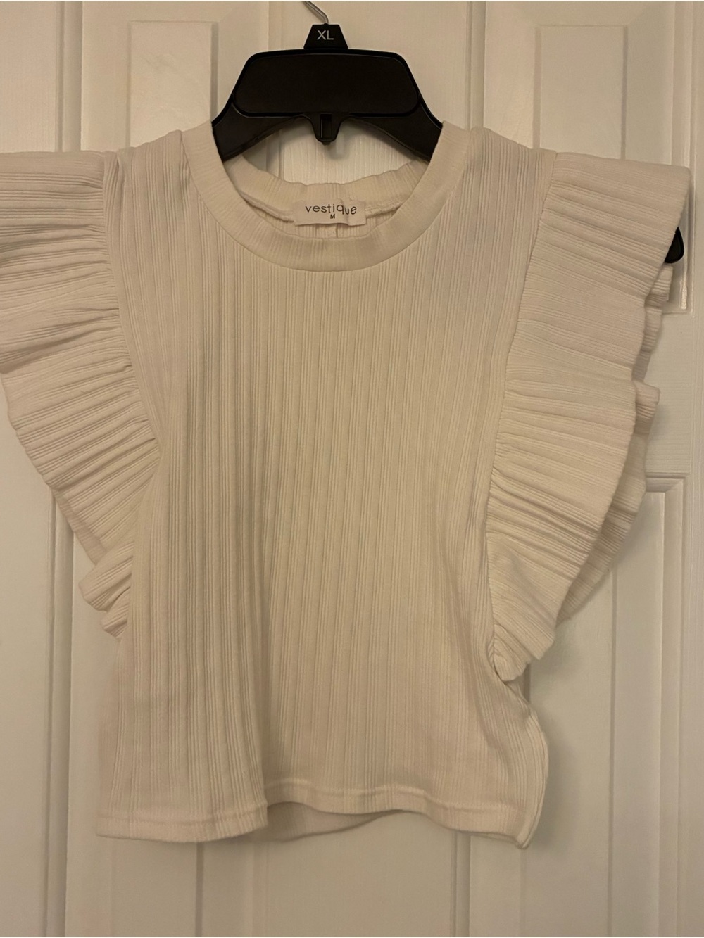 vestique Cream Ribbed Ruffle Sleeve Tank